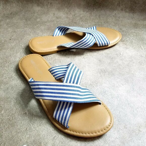 West Loop Womens Size 5/6 Blue White Slide Sandals Flats - Picture 4 of 8